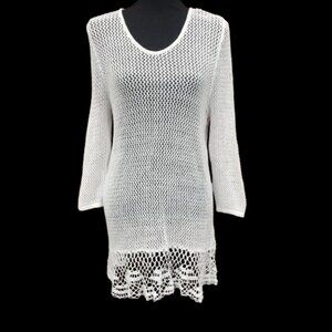 Chicos Crochet Open Knit Tunic Top Mini Dress Sz 3/LG White Beach Festival